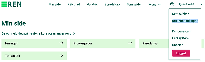 Skjermbilde av menypunktet Brukerinnstillinger på Min side