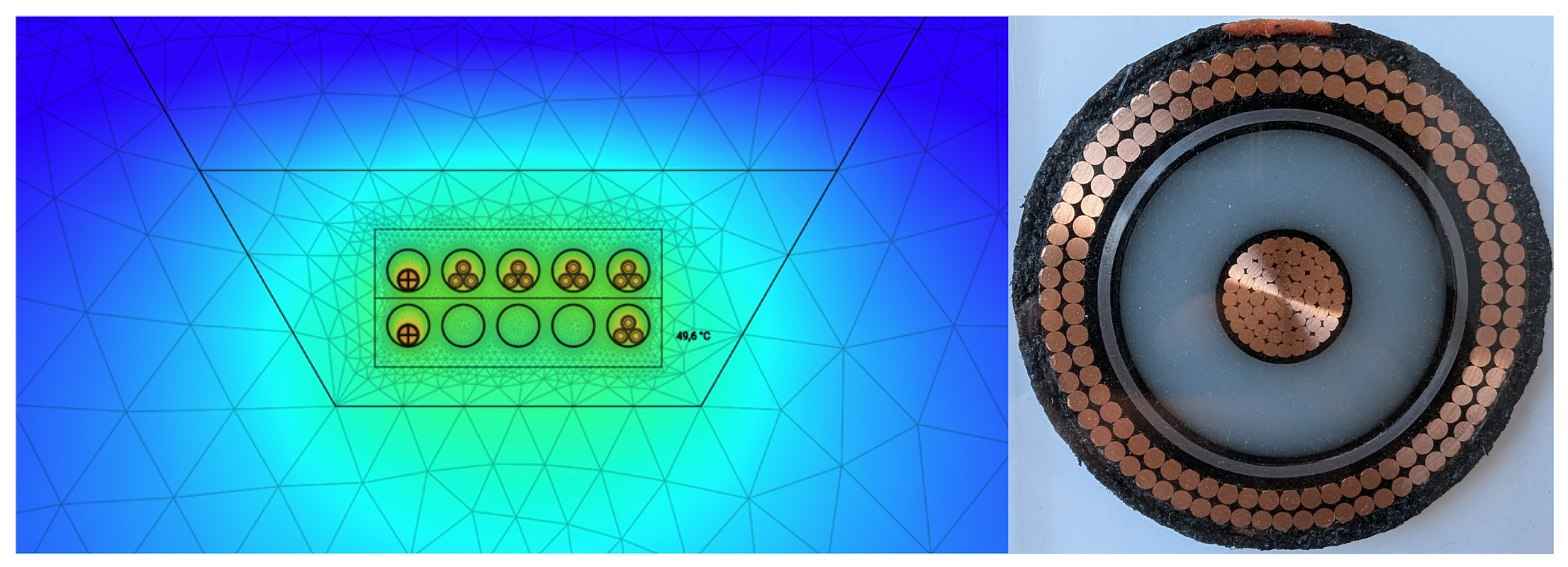Illustrasjon av grøftesnitt og bilde av kabel