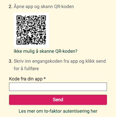 Skjermbilde av felt for inntasting av kode ved oppsett av app for tofaktorautentisering