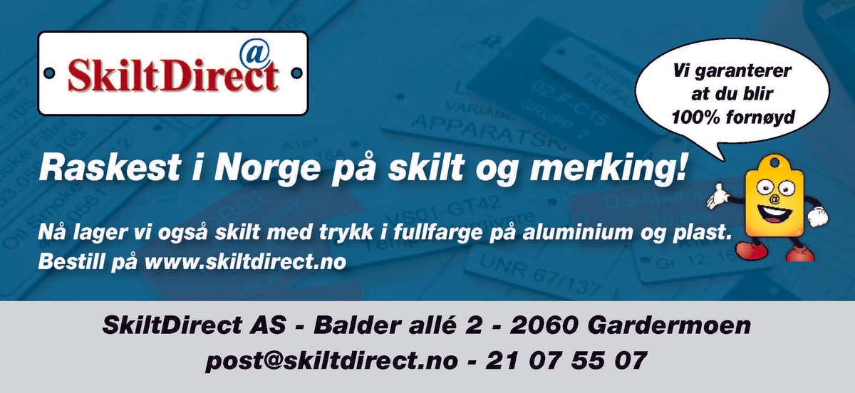 Annonsen forteller at Skilt Direct er rasket i Norge på skilt og merking. Annonsen viser også kontaktinformasjonen.