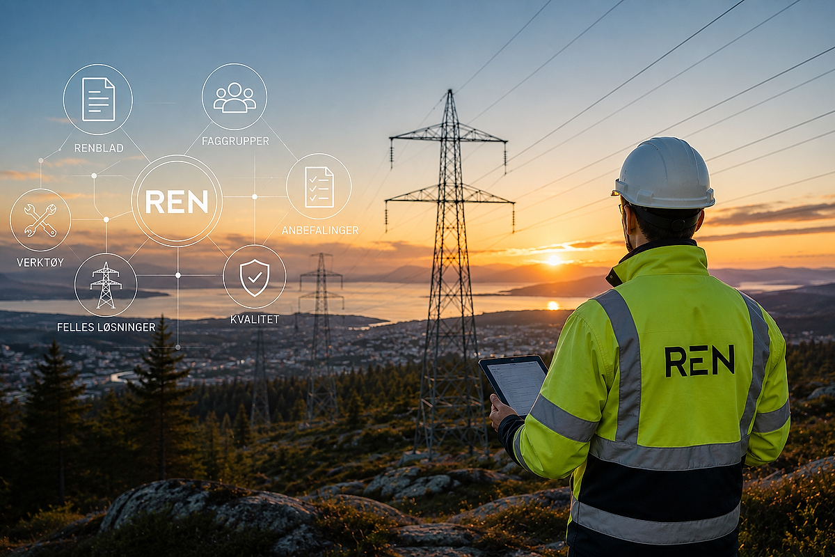 En fagarbeider i refleksjakke står med nettbrett og ser utover kraftlinjer og høyspentmaster i solnedgang. Grafiske ikoner og tekst illustrerer RENs faggrupper, anbefalinger, verktøy og felles løsninger for kraftbransjen.