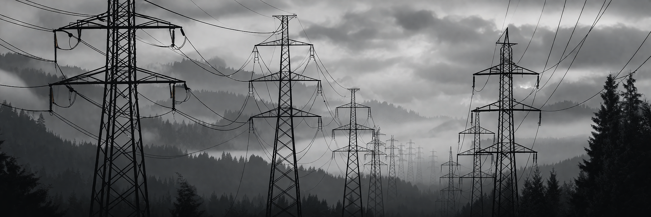 Misty landskap med elektriske master