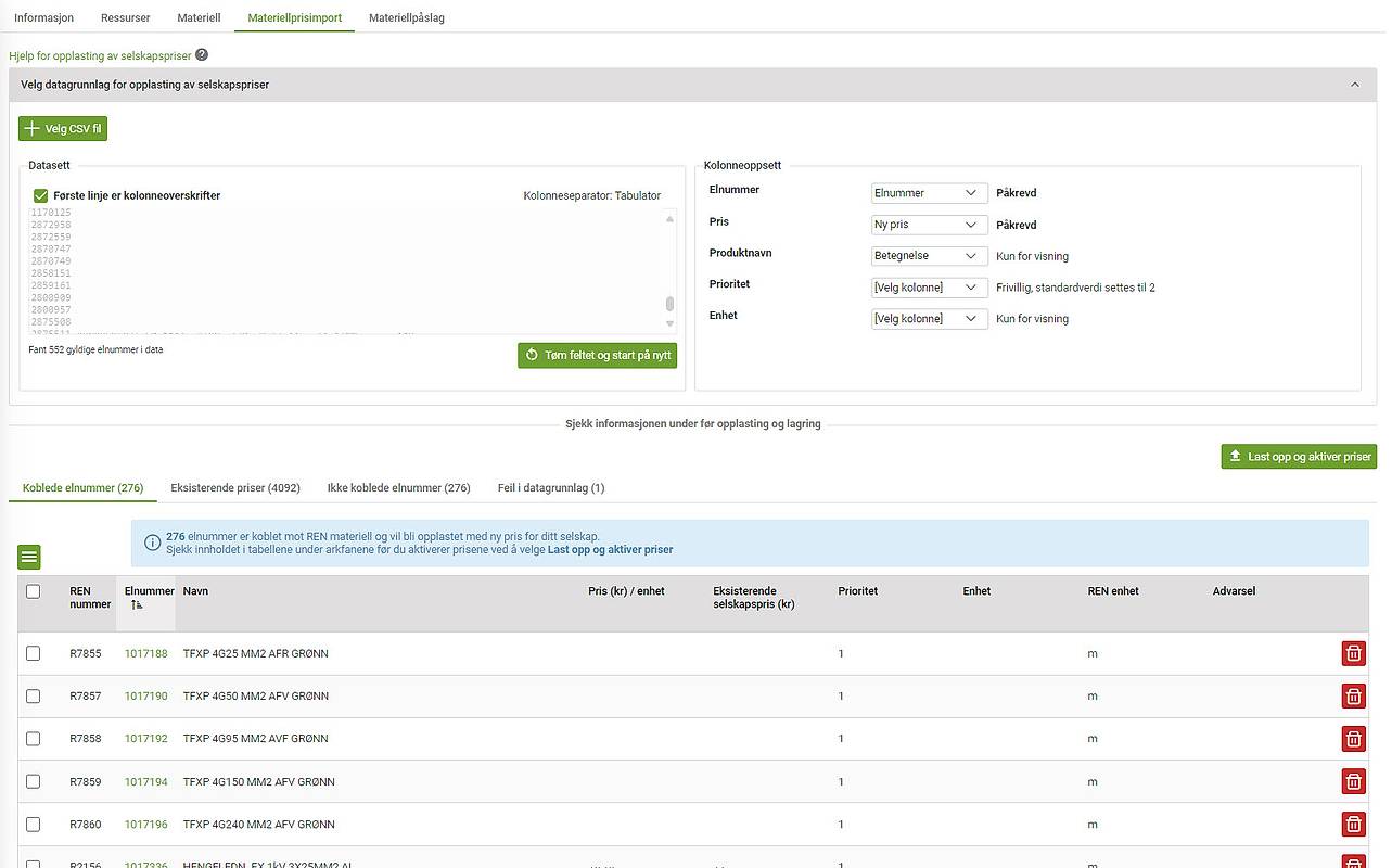 «Materiellprisimport» Ny modul for å enkelt laste opp selskapspriser. Materiell pris vil vises, men er her sladdet