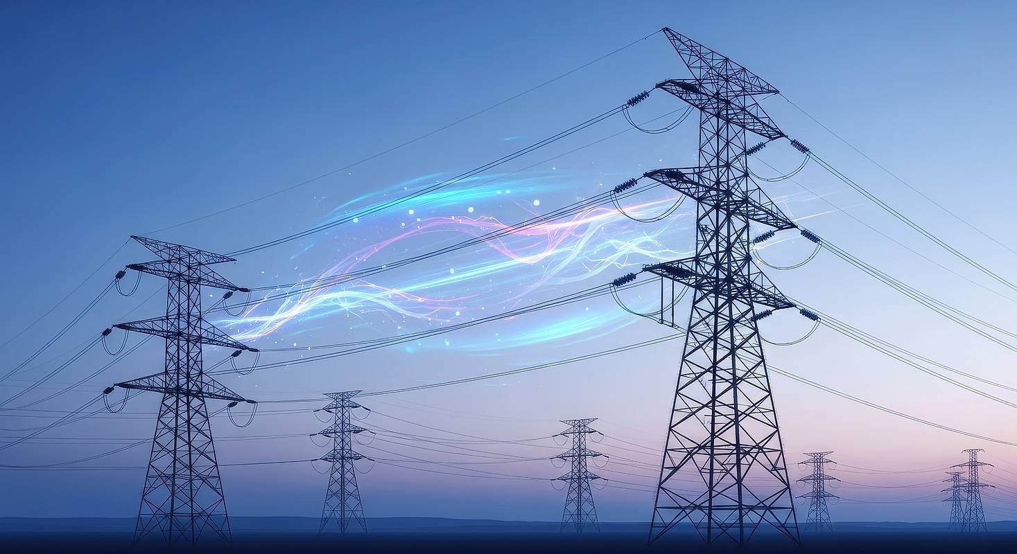 Kraftlinjer med glødende energioverføring. Konsept for digital strømdataflyt gjennom overføringsmaster.