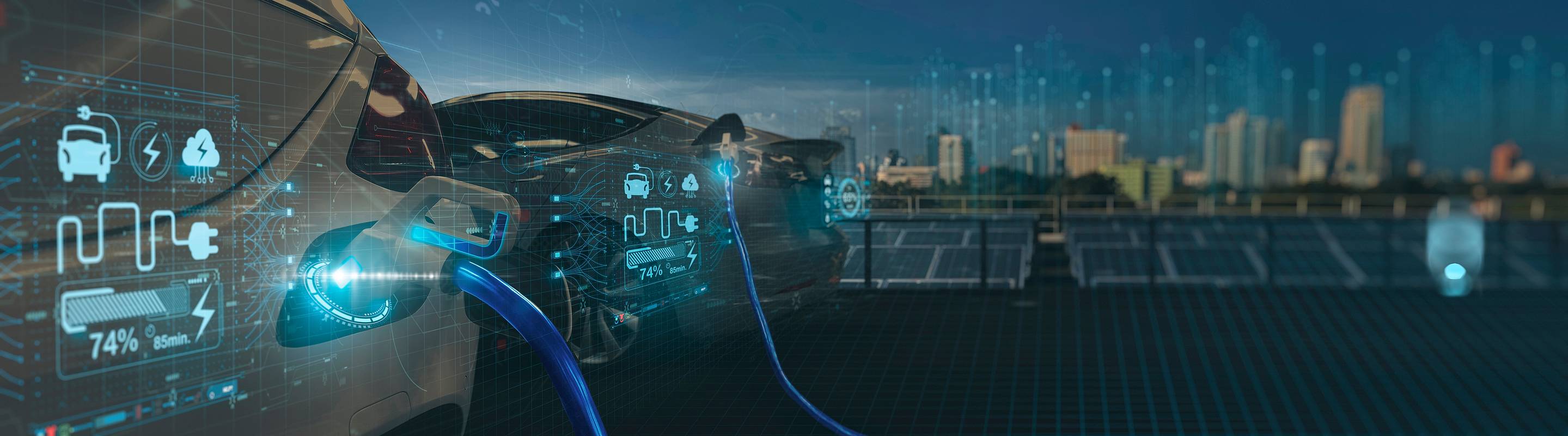 Electric vehicle EV car Power cable wirh pump plug in charging power to electric vehicle EV car on virtual modern technology UI information display,innovation alternative sustainable eco energy.