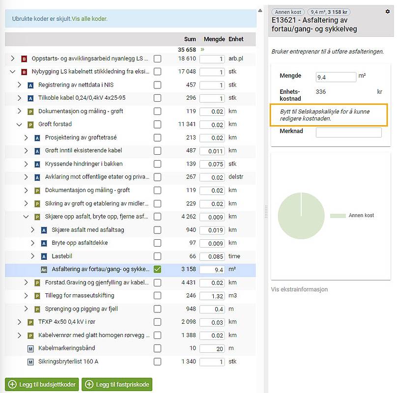 Viser hvordan en kan endre Enhetskostnad for Annenkostnad, men for at det skal brukes må en bruke selskapskalkyle.