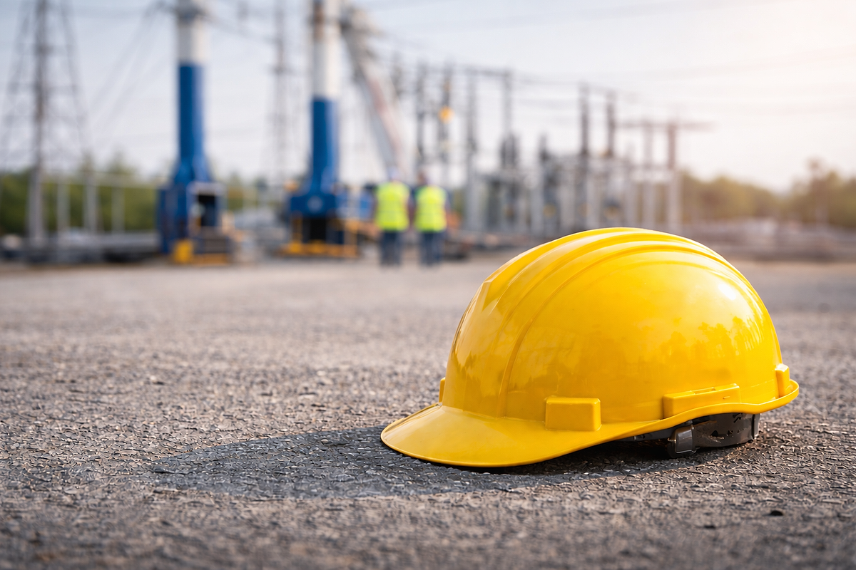 Gul hjelm på grusbakgrunn