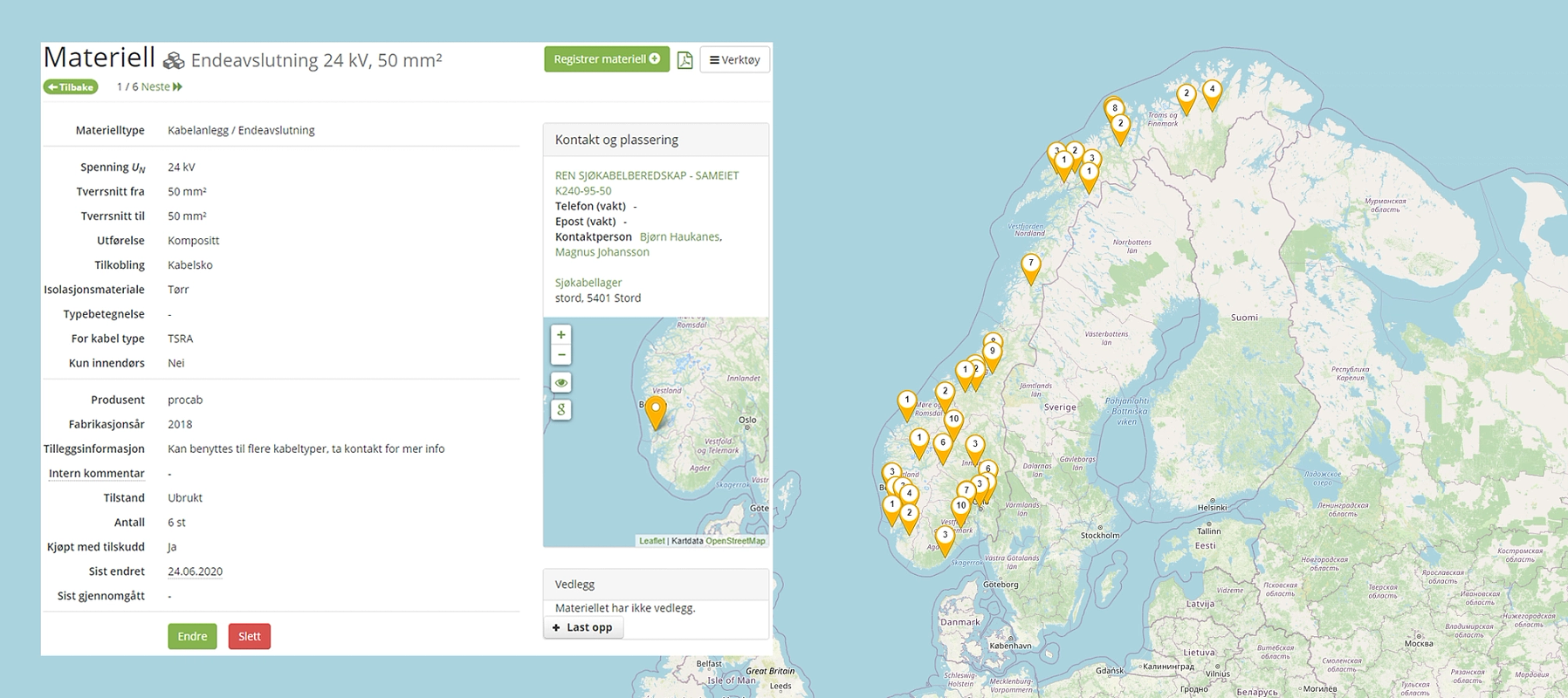 Skjermbilde som viser materielldetaljer og kart som viser geografisk fordeling av eksempelmateriell