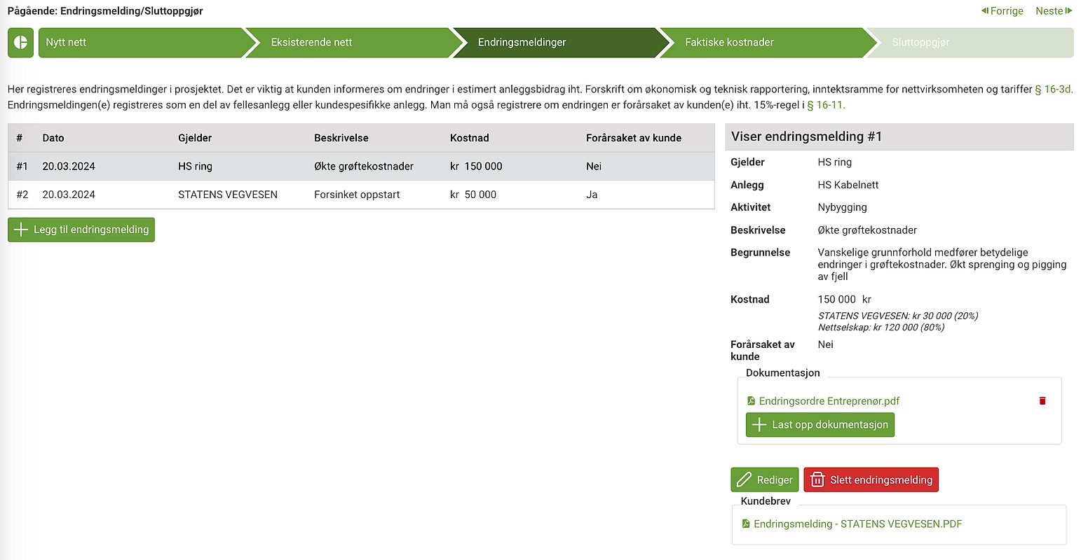 Skjermdump fra verktøyet som viser endringsmeldinger
