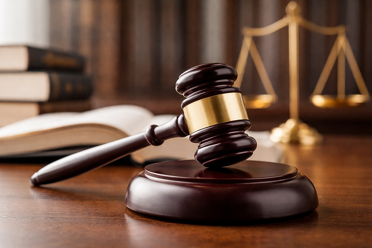 Judge's gavel on table in office