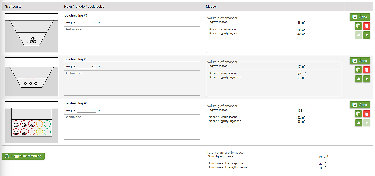 Bilde viser hvordan det ser ut i prosjektsystemet når man har et prosjekt med tre grøftesnitt