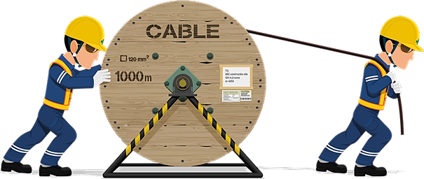 Bildet viser en illustrasjon av to menn som flytter en kabeltrommel