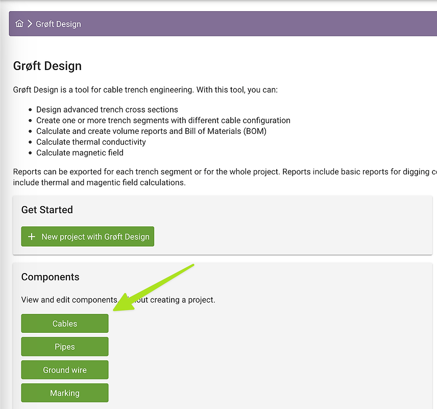 Bilde viser startsiden til Grøft Design og hvor du skal trykke for å legge til kabler