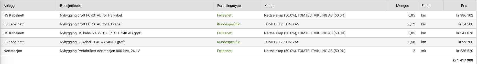 Skjermbilde som viser fordeling av kostnader mellom nettselskap og kunde