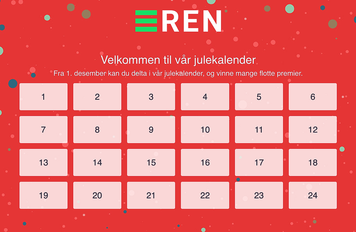 Skjermbilde av julekalender. REN-logo på toppen og 24 kalenderluker i matrise.