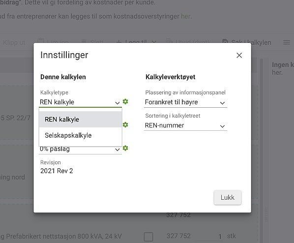 Under «innstillinger» i kalkylen kan man velge mellom REN kalkyle og selskapskalkyle