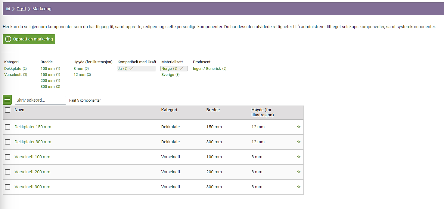 Skjermbilde av fane markering i verktøyet Grøft design.
