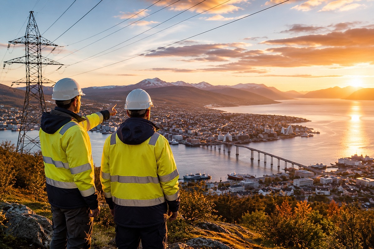 To personer i verneklær ser ut over kraftnett, fjord og fjell i Tromsø ved solnedgang.