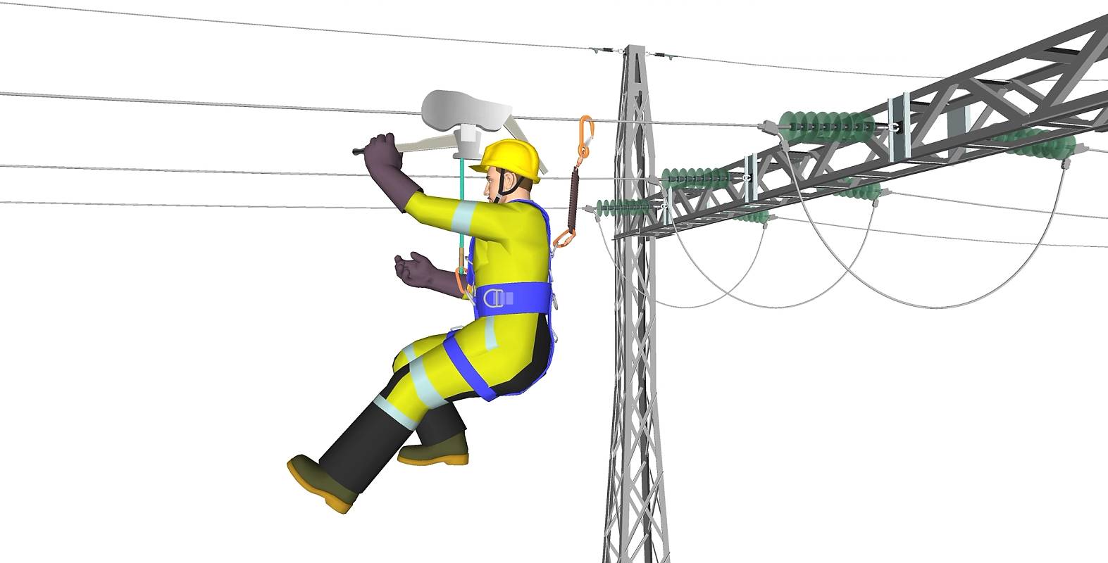 3D-modell som viser mann og selvbremsende kabeltrinser.