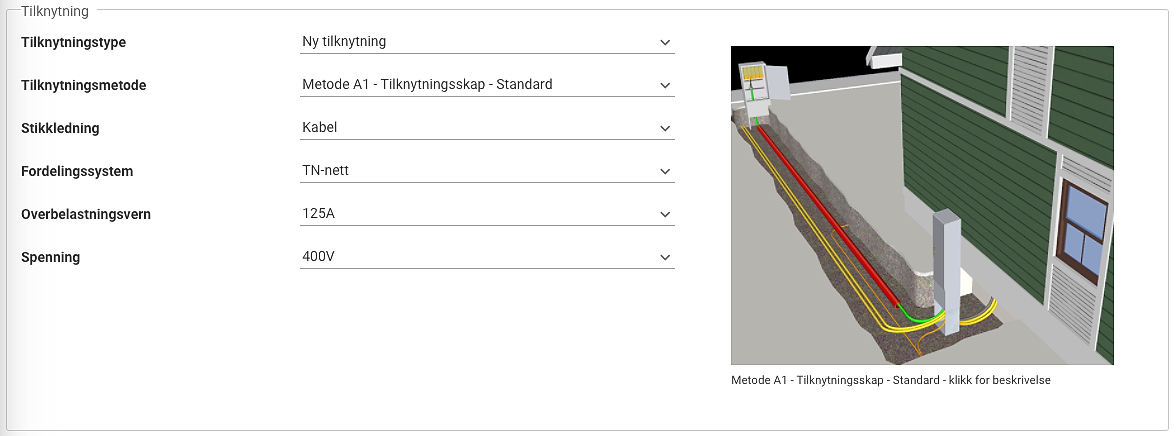 Skjermbilde fra Ledning som viser inndatafelter for tilknytningen