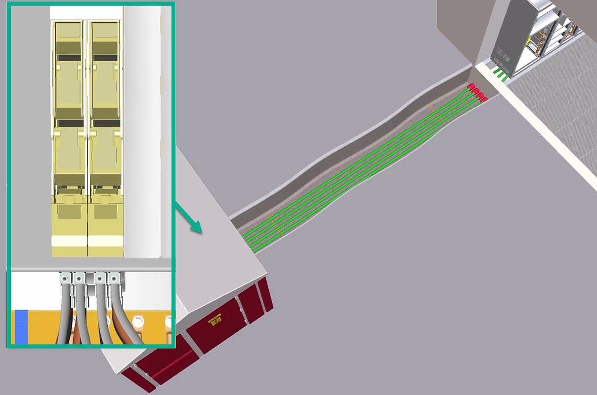 3D illustrasjon med nettstasjon med doble sikringslister og stikkledning med fire parallelle kabler i grøft frem til hovedfordeling.