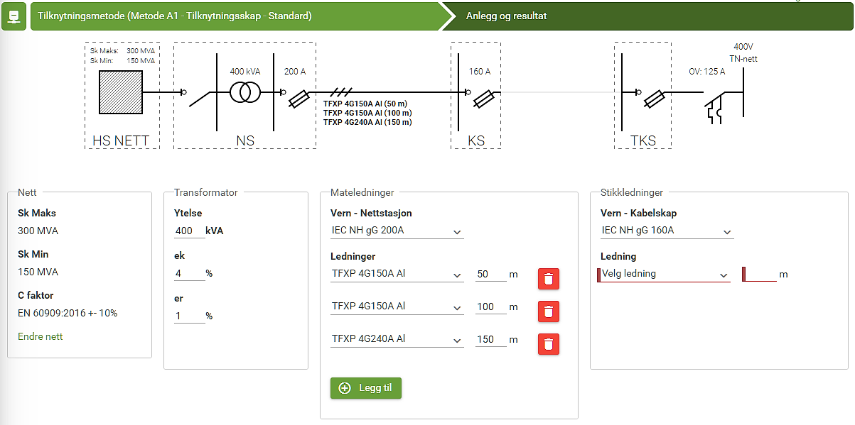 Skjermbilde av inndatafelter for anlegg og resultat i Ledning