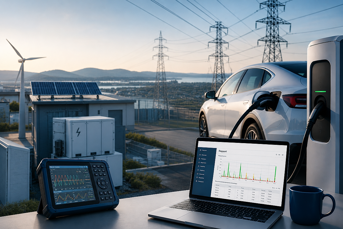 Elbil til lading ved en bolig med solcellepaneler, batterilagring og kraftlinjer i bakgrunnen. På et bord står en bærbar PC og et måleinstrument som viser grafer og analyser av spenningskvalitet