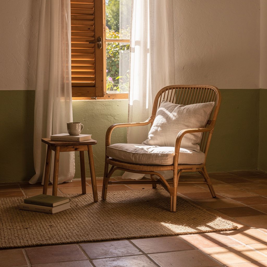 Bedroom reading corner with a caned armchair, seagrass matting and half closed shutters filtering the light