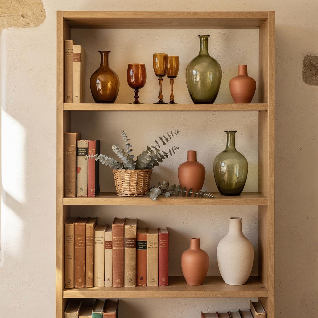 Étagère en bois clair avec livres, verrerie de Biot ambrée et verte, céramiques et eucalyptus séché