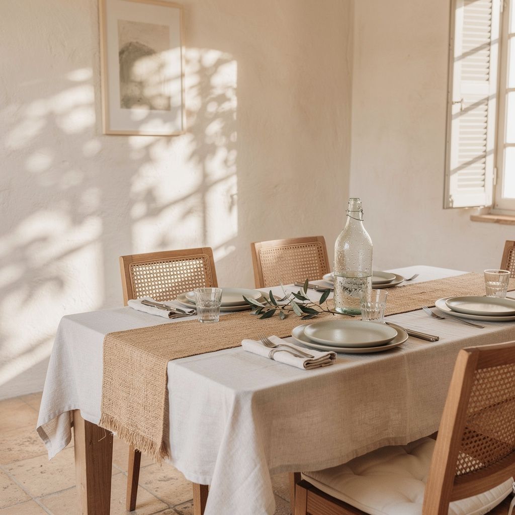 Table d'été dressée en lin et jute à Antibes
