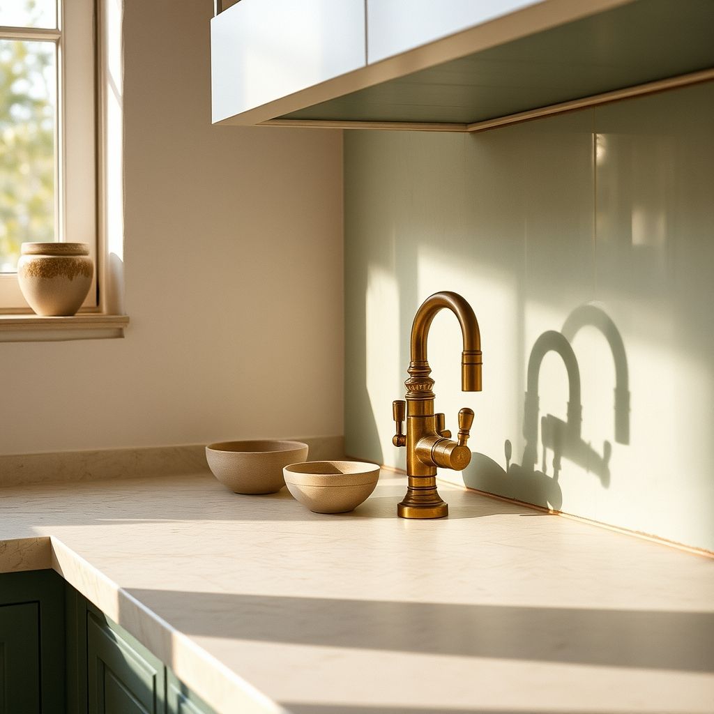 Provencal kitchen in Grasse, pale stone worktop and oiled wood under soft light