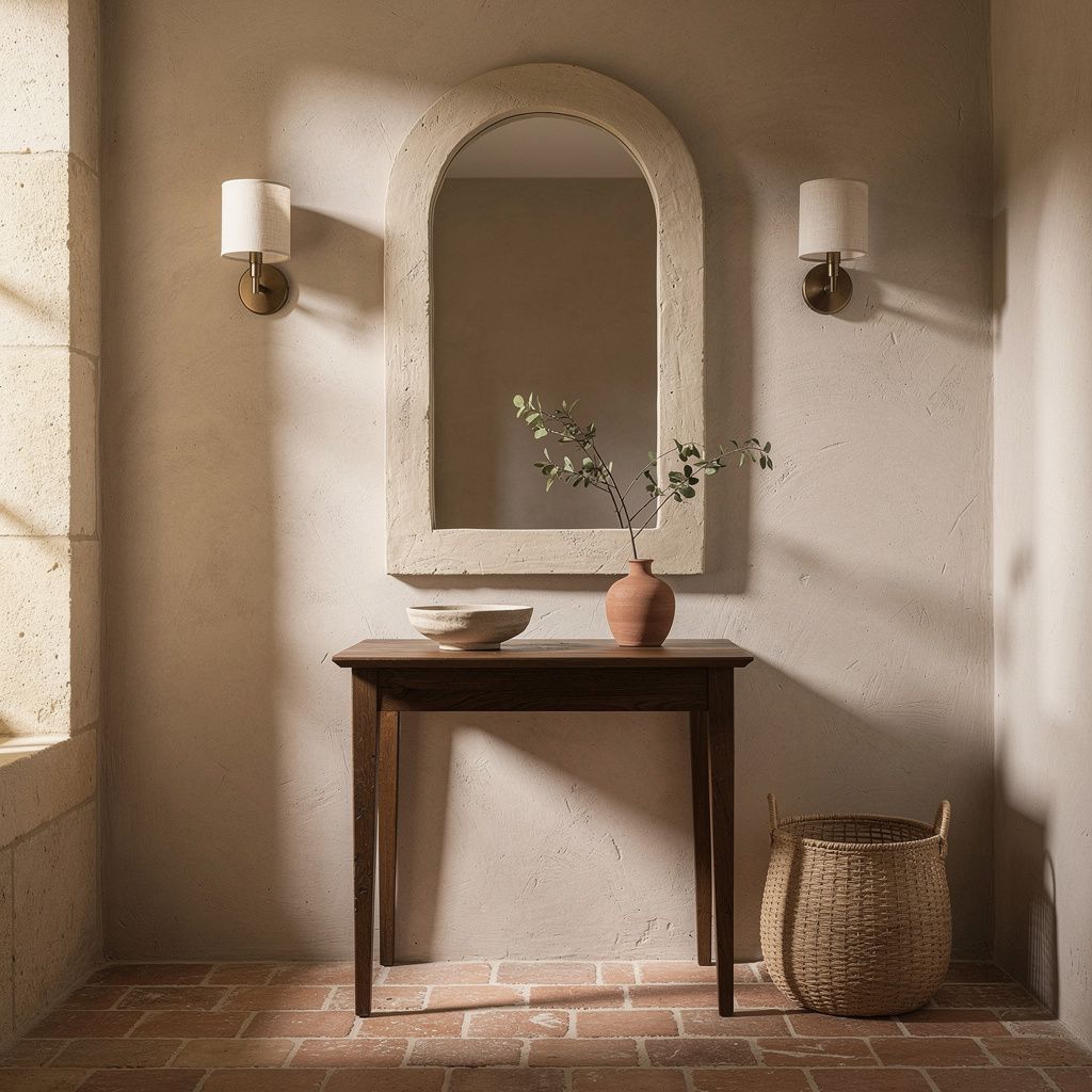 Entrance hall in a house in Châteauneuf-Grasse with an arched mirror in a raw plaster frame, dark oak console and two wall sconces