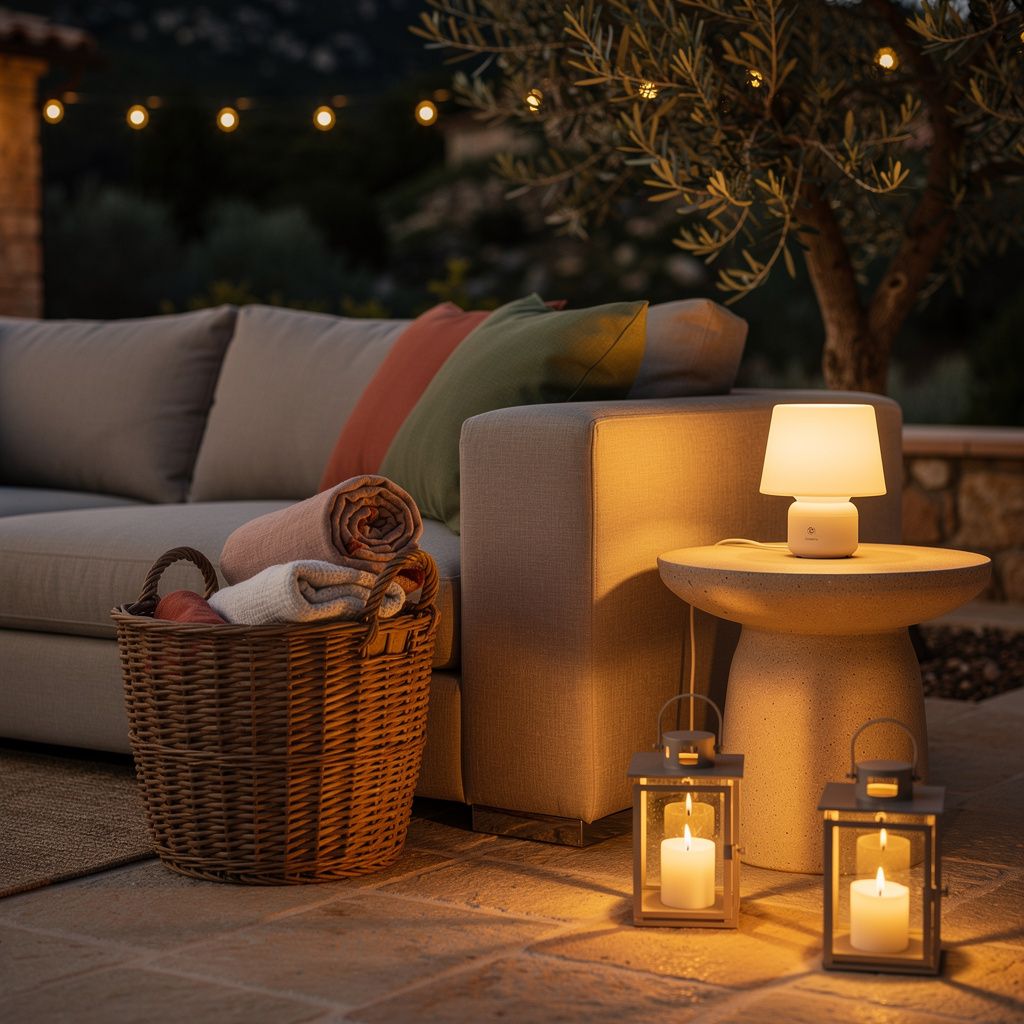 Loungekrok på en terrasse i Opio i skumringen med linputer, kurv, lykter og en flyttbar lampe
