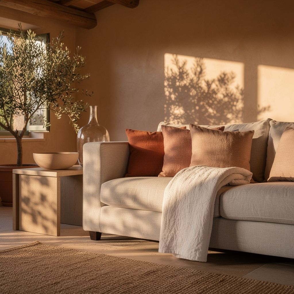 Detalj av en linsofa med terrakottaputer og et oliventre i potte i mykt lys