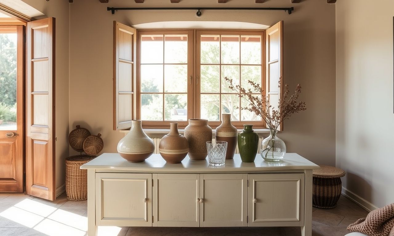 Salon provençal lumineux avec vases en céramique et verre bulle de Biot sur une console à la chaux