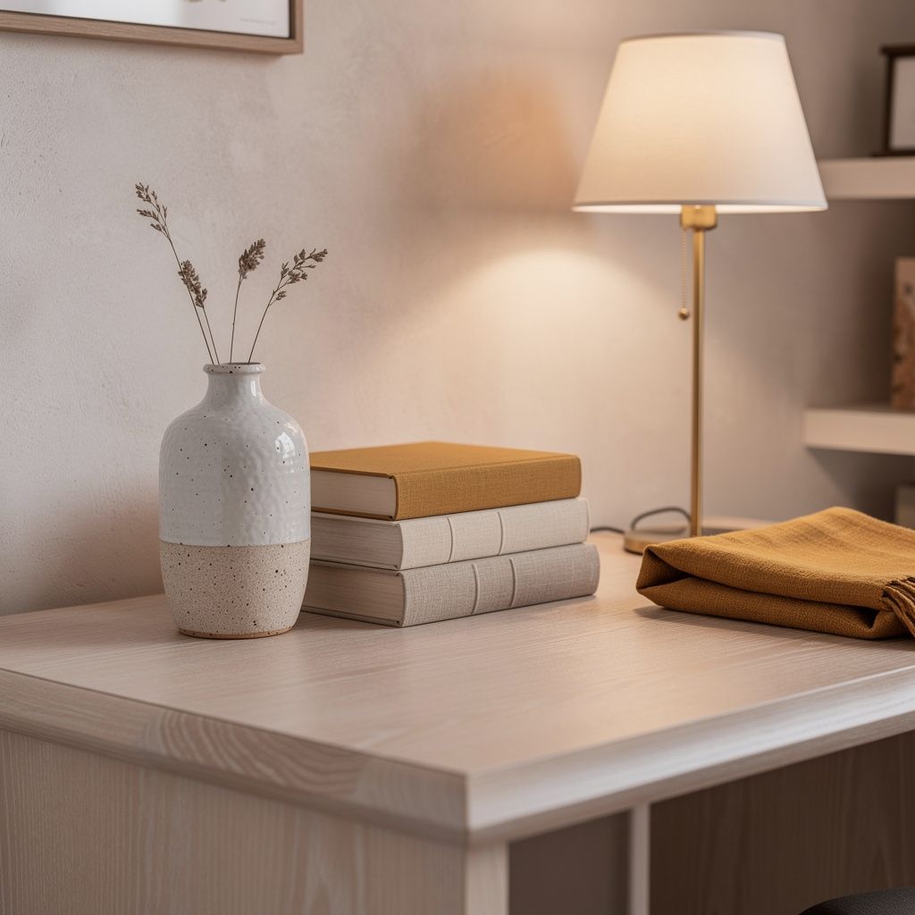 Hjorne af et skrivebord i lys eg med handlavet keramik, boger og en lampe med varmt lys