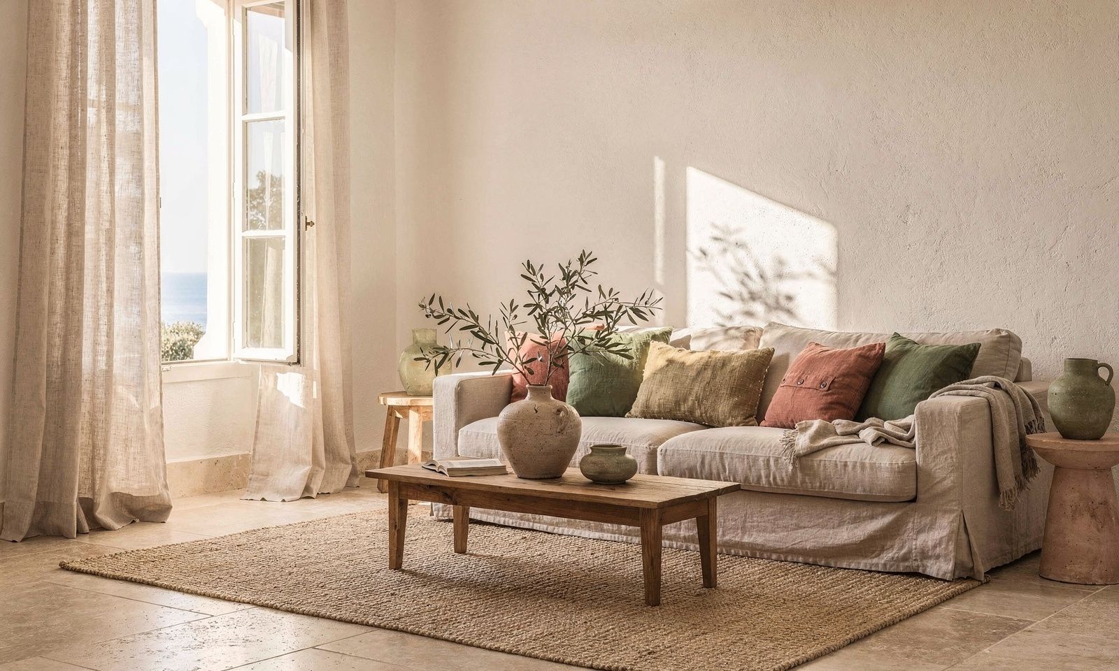 Salon d'été habillé de lin naturel dans une maison à Antibes