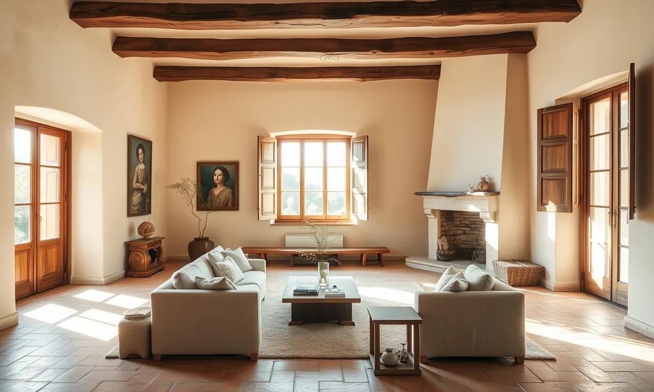 Lyst provansalsk stue med kalkmalte vegger i blek oker, Alpes-Maritimes (inspirasjonsinterior)