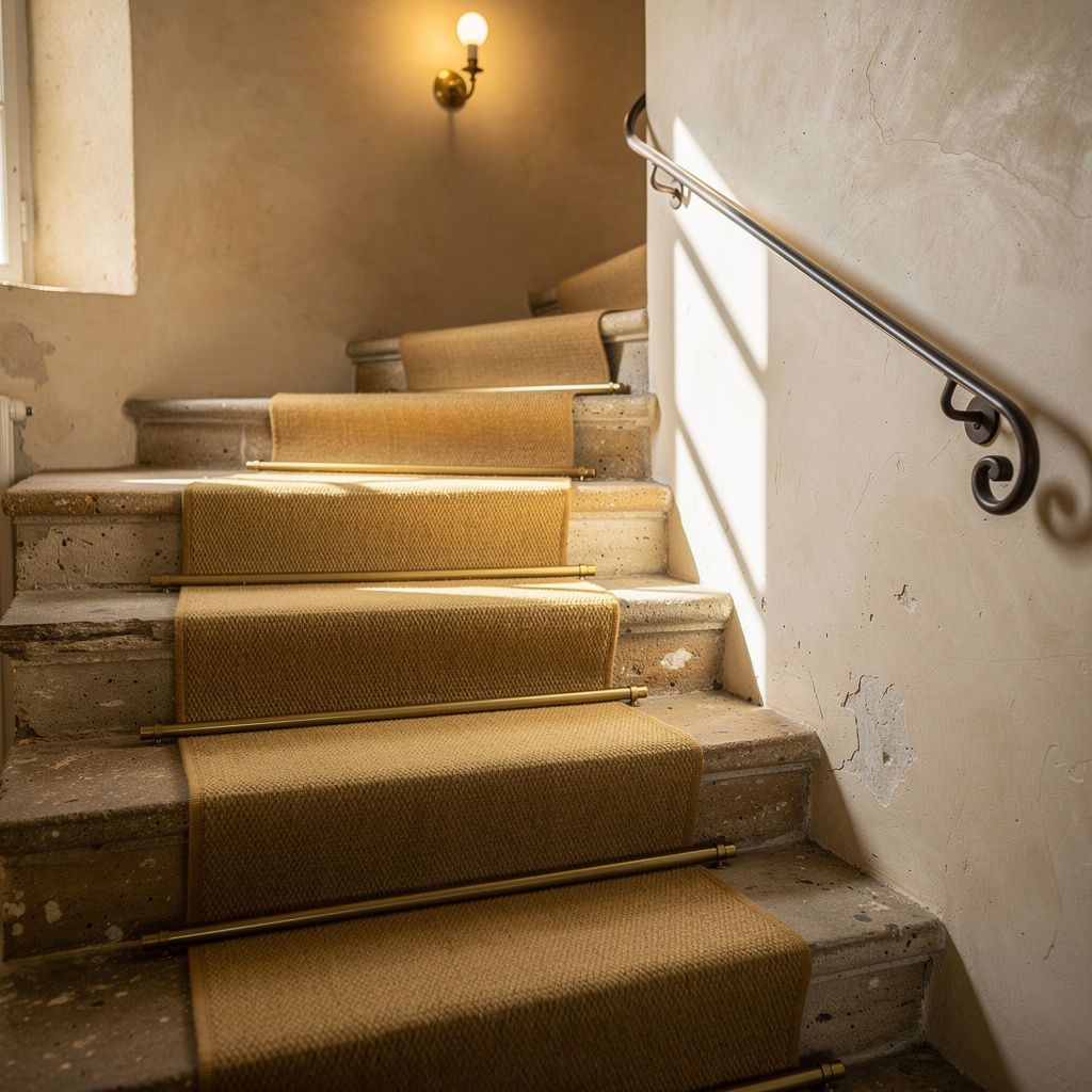 Close view of a stone staircase with an ochre wool runner, brass stair rods and a small wall light