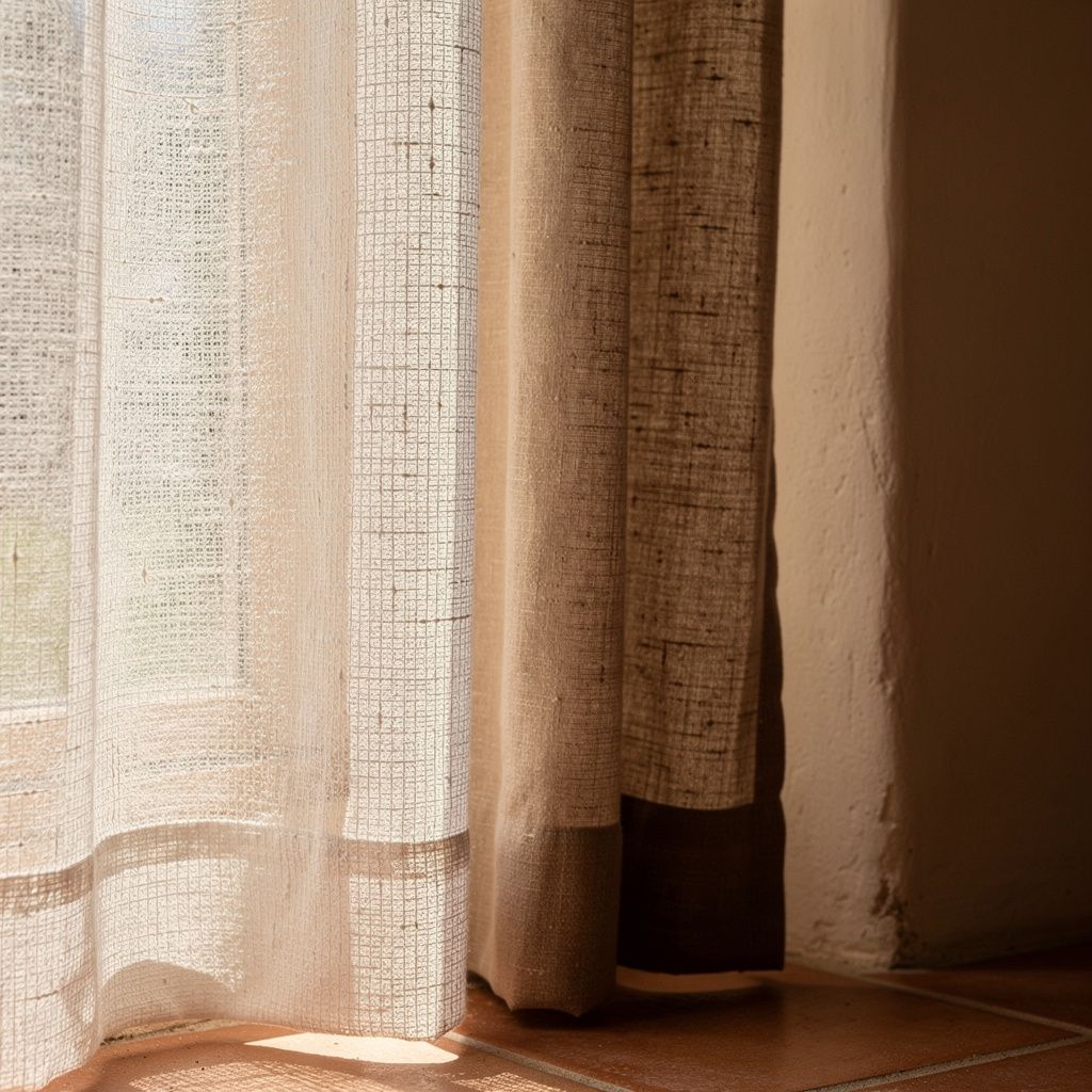 Detail of two curtain layers, a linen sheer and a camel curtain, above a terracotta floor