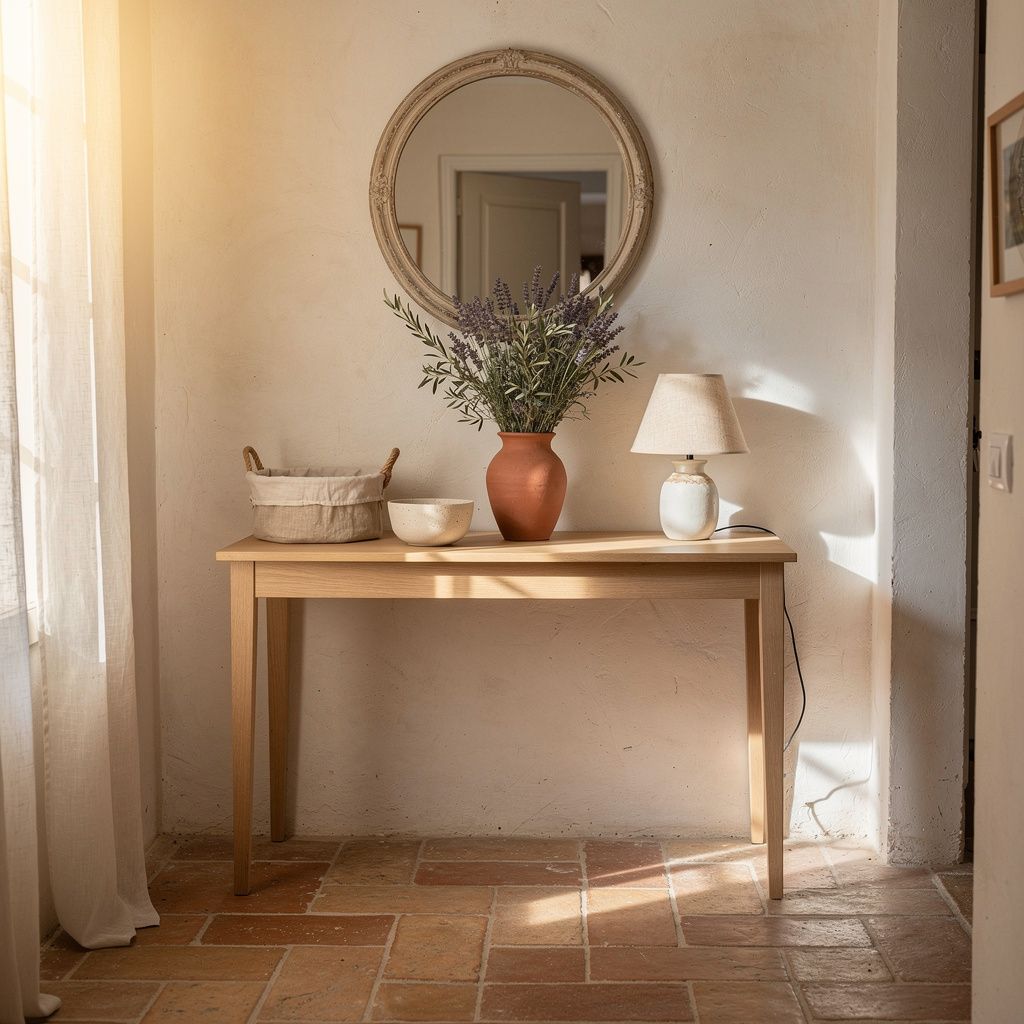 Pale oak console at the end of a hallway with a round mirror, terracotta vase and linen shaded lamp