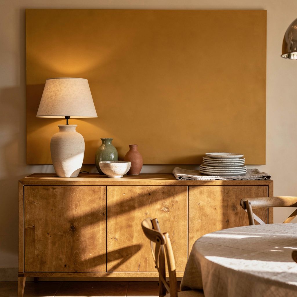 Buffet i varmt træ og keramiklampe i en spisestue i Châteauneuf-Grasse