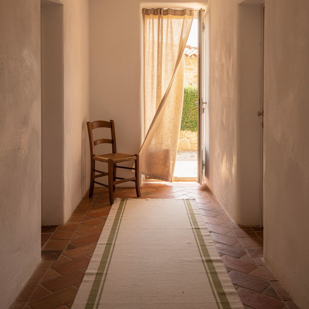 Entrance of a Provencal village house in Biot with an oak console, arched mirror and terracotta tomette floor