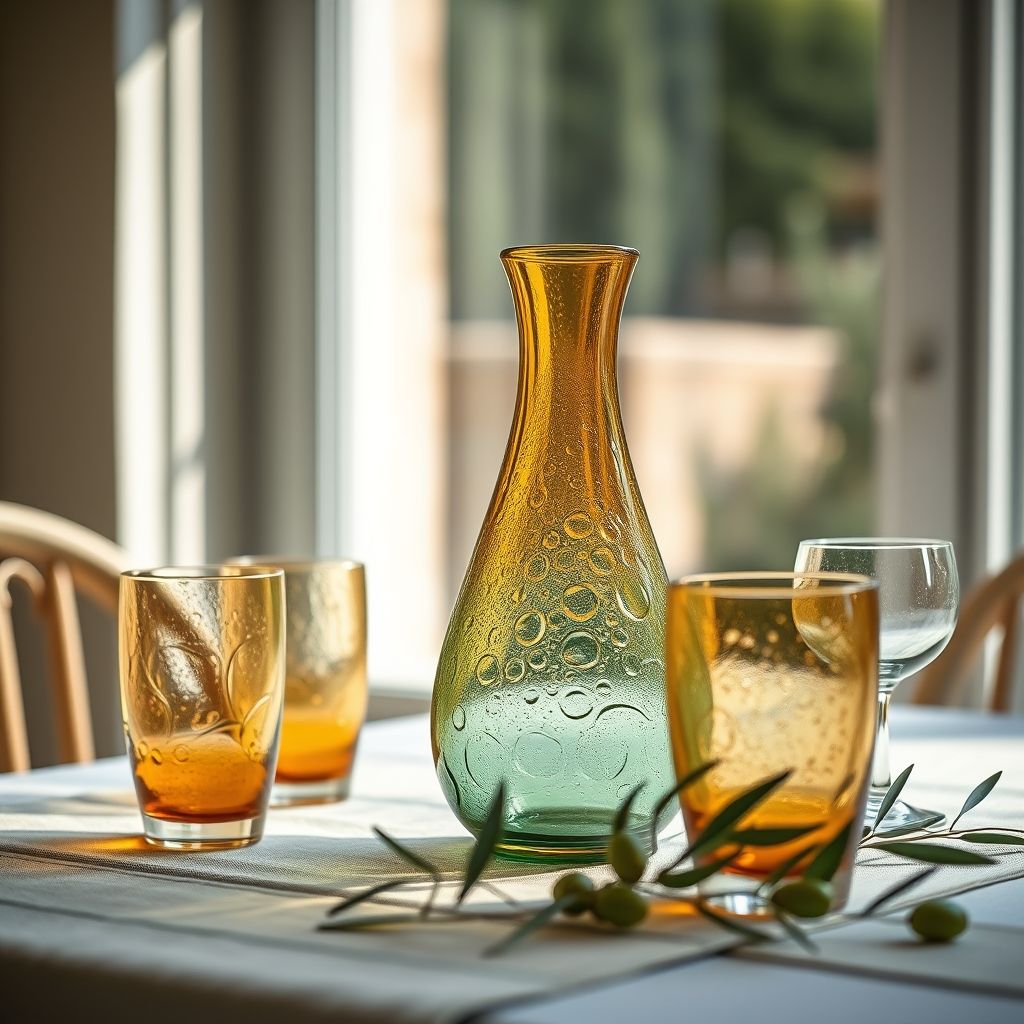 Carafe et verres bulles ambre et vert d'eau sur une table d'ete pres d'une fenetre