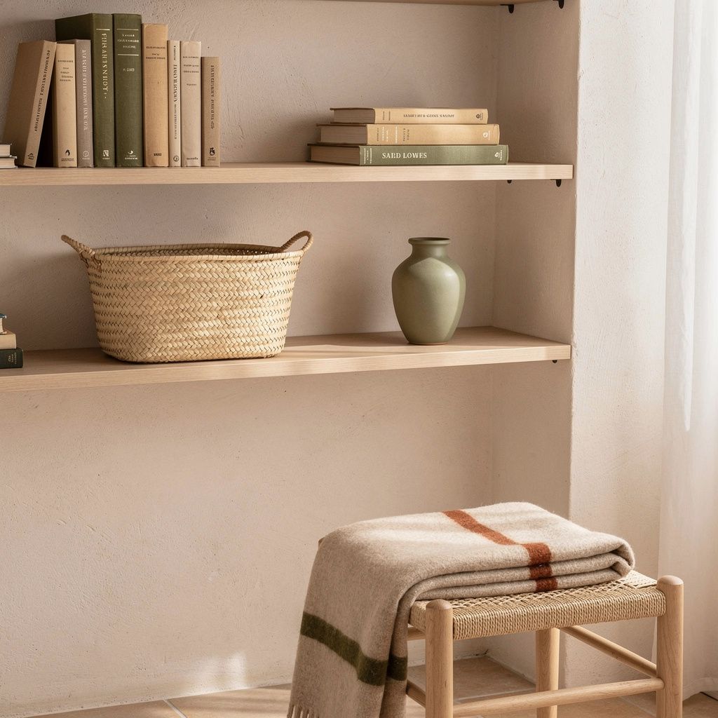 Étagère ouverte et panier en fibre naturelle dans un coin bureau chaleureux