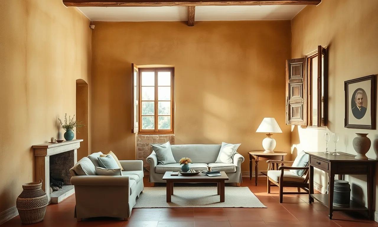 Sunlit Provencal mas living room with bare golden-stone wall, lime plaster and tomette floor, Alpes-Maritimes (inspirational interior)