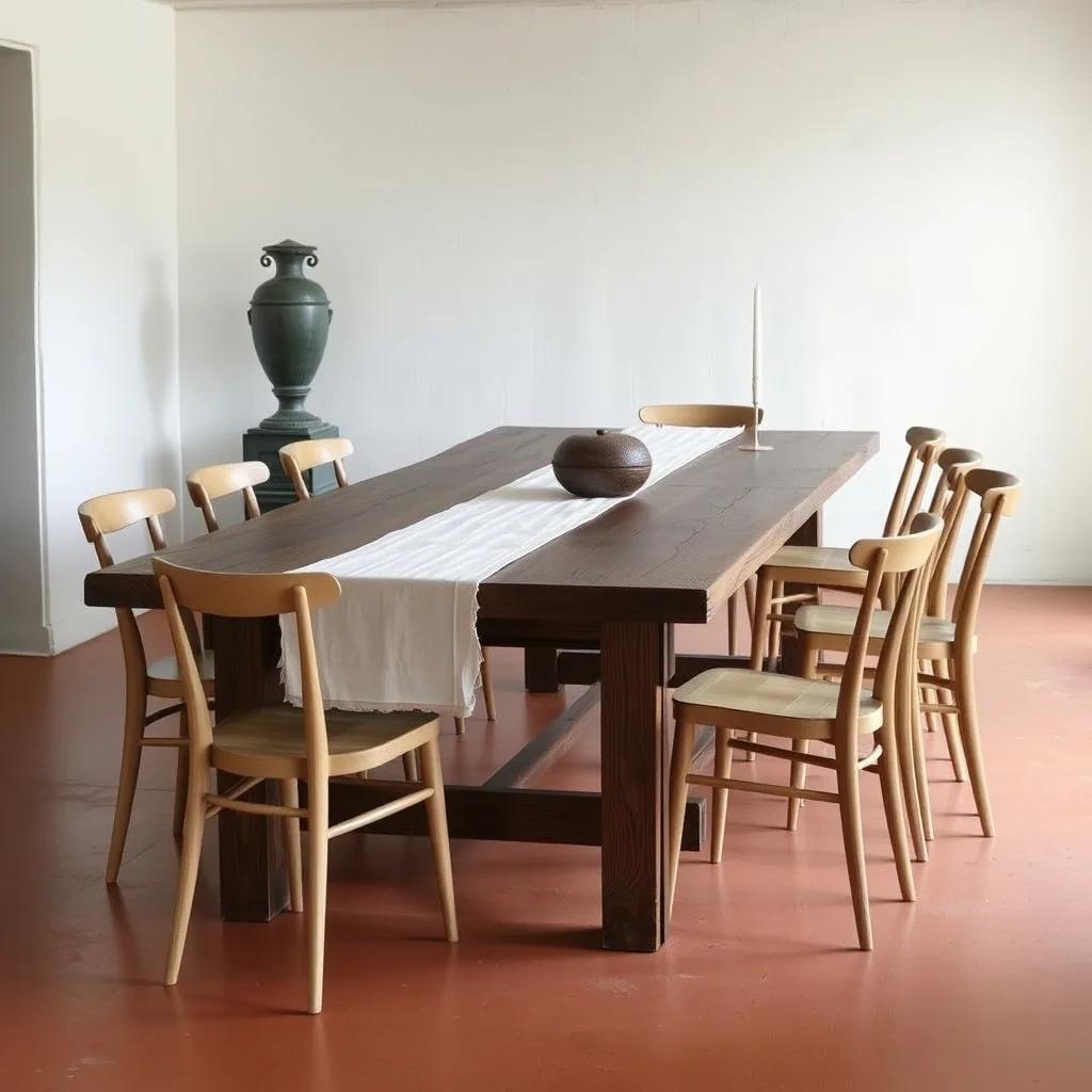 Antique walnut farmhouse table with contemporary chairs against a limewashed wall, Alpes-Maritimes (inspirational interior)