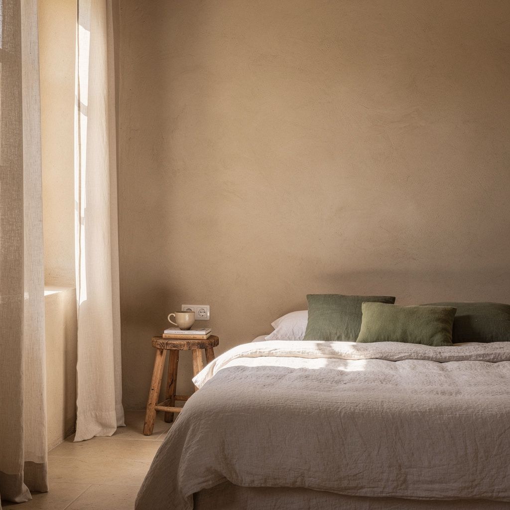 Quiet bedroom in Opio with a linen sheer softening the morning light