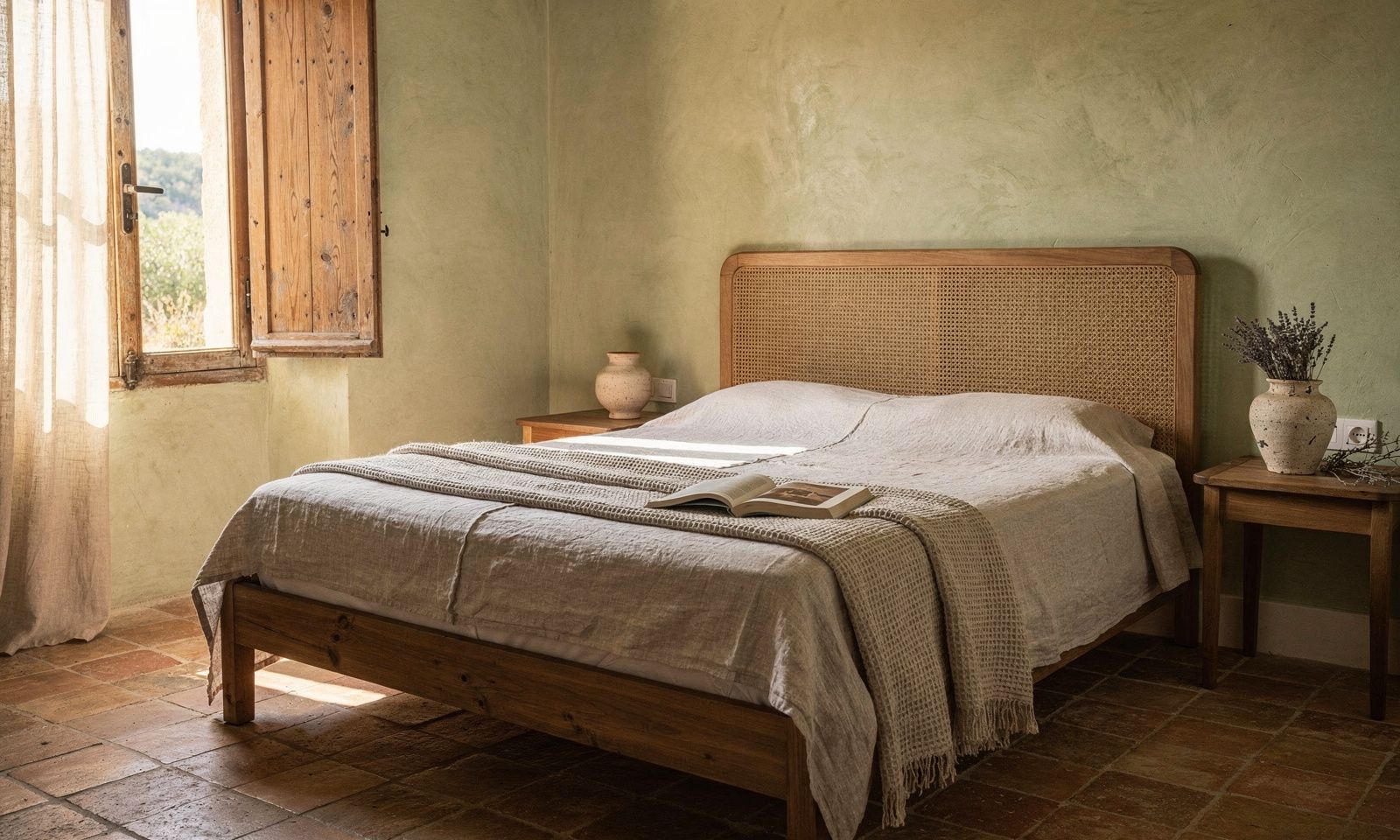 Chambre provençale d'été à Mougins, lit en bois et tête de lit en cannage, murs à la chaux