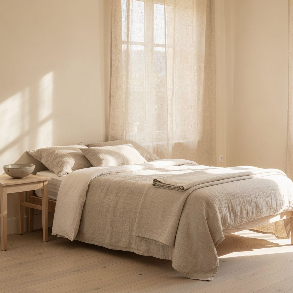 Chambre habillée de lin lavé, lumière douce à Antibes